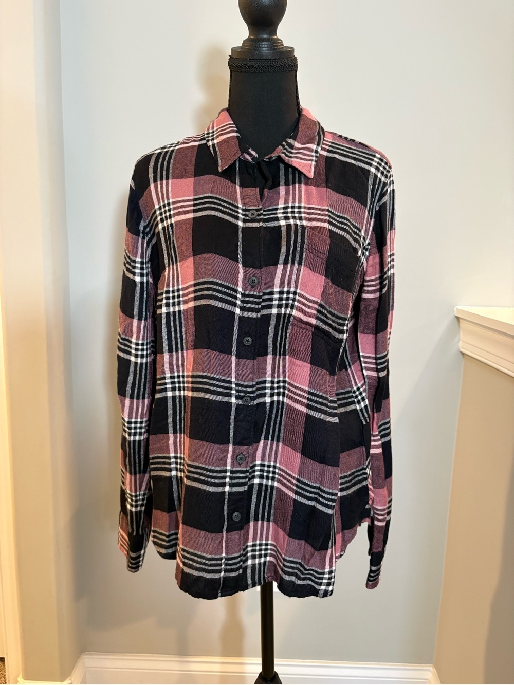 Lucky Brand Metallic Shimmer Plaid Flannel Button Down Shirt Pink Black Small